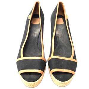 Tory Burch Majorca Peep-Toe Black Canvas Wedge - Sze 39/US 8